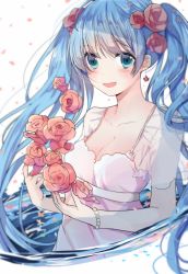 Rule 34 | 1girl, aqua eyes, blue hair, bracelet, breasts, cleavage, earrings, flower, hair flower, hair ornament, hatsune miku, hoshi lingdang, jewelry, long hair, medium breasts, open mouth, solo, twintails, very long hair, vocaloid, white background