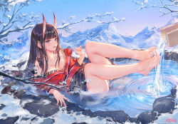 Rule 34 | 1girl, artist name, atdan, azur lane, barefoot, black hair, blue eyes, breasts, candy apple, day, feet, food, hair ornament, hairclip, highres, holding, horns, japanese clothes, kimono, large breasts, legs up, long hair, looking at viewer, mountainous horizon, noshiro (azur lane), noshiro (uncharted festival grounds?) (azur lane), off shoulder, oni horns, open mouth, outdoors, reclining, red kimono, sky, snowing, solo, thighs, branch, water, wet, winter