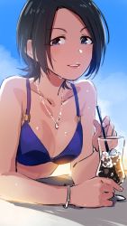 Rule 34 | 1girl, bare arms, bare shoulders, bikini, black hair, blue eyes, blue sky, bracelet, breasts, cup, day, drinking glass, drinking straw, idolmaster, idolmaster cinderella girls, jewelry, light smile, lips, looking at viewer, luncheon meat umai, necklace, outdoors, short hair, sketch, sky, small breasts, solo, sweat, swimsuit, togo ai, upper body