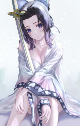 Rule 34 | 1girl, absurdres, arms on knees, black hair, breasts, butterfly hair ornament, cleavage, closed mouth, collarbone, hair ornament, haori, highres, holding, holding sword, holding weapon, japanese clothes, kimetsu no yaiba, kochou shinobu, looking at viewer, medium breasts, no pants, purple eyes, revision, sheath, sheathed, sidelocks, single bare shoulder, sitting, solo, sword, tooku0, weapon