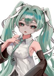 Rule 34 | 1girl, alternate breast size, aqua eyes, aqua hair, aqua necktie, armpits, black sleeves, breasts, collared shirt, detached sleeves, hair intakes, hair ribbon, hand up, hatsune miku, highres, long hair, long sleeves, looking at viewer, medium breasts, necktie, open mouth, ribbon, shiona (siona0625), shirt, short necktie, simple background, sleeveless, sleeveless shirt, solo, twintails, upper body, very long hair, vocaloid, white background, white ribbon, white shirt