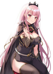 Rule 34 | 1girl, black cape, black thighhighs, blush, breasts, cape, cleavage, closed mouth, harimoji, hololive, hololive english, holomyth, large breasts, long hair, looking at viewer, mori calliope, mori calliope (1st costume), pink hair, red eyes, simple background, smile, solo, thighhighs, virtual youtuber, white background
