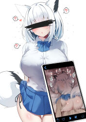 Rule 34 | 1boy, 1girl, absurdres, alternate breast size, alternate costume, animal ears, breasts, cellphone, censored, doggystyle, fox ears, fox girl, fox tail, highres, holding, holding phone, hololive, identity censor, juxtaposition, kokihanada, large breasts, on bed, phone, pleated skirt, pov, sex, sex from behind, shirakami fubuki, skirt, smartphone, tail, virtual youtuber, white hair