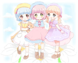 Rule 34 | 3girls, :d, :o, absurdres, apron, arms behind back, beret, blonde hair, blue eyes, blue hair, blue headwear, blue sky, blue vest, blunt bangs, blush, boots, bow, brown footwear, closed mouth, cloud, collared shirt, commentary request, day, dress, flower, frilled skirt, frills, gloves, green eyes, hair ribbon, hat, highres, kohane (copinc), layered dress, long hair, looking at viewer, low twintails, multiple girls, one side up, open mouth, original, oversized flower, pink bow, pink eyes, pink gloves, pink hair, pink ribbon, pink sash, pink skirt, puffy short sleeves, puffy sleeves, purple dress, purple headwear, ribbon, sash, shirt, shoes, short hair, short sleeves, skirt, sky, smile, socks, standing, stuffed animal, stuffed toy, tareme, teddy bear, twintails, vest, waist apron, white apron, white flower, white shirt, white socks, yellow dress, yellow headwear