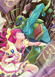 Rule 34 | 1boy, 1girl, absurdres, angry, armor, battle, bike shorts, bike shorts under skirt, blue skin, book, boots, butterfly brooch, clenched teeth, coco (yes! precure 5), colored sclera, colored skin, creature, cure dream, earrings, eye contact, frilled skirt, frills, girinma, glaring, green armor, hair rings, highres, indoors, itou shin&#039;ichi, jewelry, knee boots, library, long hair, looking at another, magical girl, muscular, muscular male, pink eyes, pink hair, precure, purple shorts, shorts, skirt, teeth, white arm warmers, white footwear, white skirt, yellow sclera, yes! precure 5, yumehara nozomi