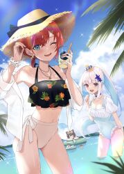 Rule 34 | 3girls, :d, ange katrina, animal ears, bare shoulders, bikini, blue eyes, blush, breasts, brown hair, cup, day, dog ears, earrings, eyewear on head, fang, haruwo, hat, highres, holding, holding cup, inui toko, jewelry, lize helesta, long hair, looking at viewer, medium breasts, medium hair, multiple girls, navel, nijisanji, one-piece swimsuit, one eye closed, open mouth, ponytail, purple eyes, red hair, sanbaka (nijisanji), skin fang, smile, straw hat, swimsuit, teeth, upper teeth only, virtual youtuber, water, white hair