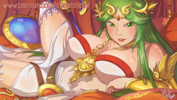 Rule 34 | 1girl, bad anatomy, breasts, cleavage, dress, female focus, green eyes, green hair, highres, jewelry, kid icarus, kid icarus uprising, large breasts, long hair, looking at viewer, lots of jewelry, lying, matching hair/eyes, mature female, nintendo, on side, palutena, parted lips, solo, sweetstellar, thighhighs