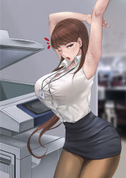 Rule 34 | 1girl, absurdres, armpits, arms up, bare shoulders, black pantyhose, black skirt, breasts, brown eyes, brown hair, collared shirt, commentary, dress, dress shirt, fle en, highres, huge breasts, id card, indoors, lanyard, long hair, microdress, minidress, miniskirt, office, office lady, one eye closed, open mouth, original, pantyhose, pencil skirt, photocopier, shirt, skirt, sleeveless, sleeveless shirt, stretching, white shirt, yawning