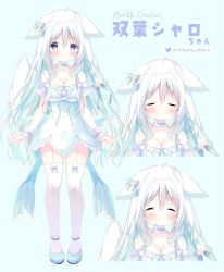 Rule 34 | 1girl, animal ears, bare shoulders, blue background, blue dress, blue footwear, blush, breasts, cleavage, closed eyes, closed mouth, commentary request, dress, english text, expressions, frilled dress, frills, garter straps, hair between eyes, highres, indie virtual youtuber, long hair, medium breasts, multiple views, official art, sharo futaba, shiratama (shiratamaco), shoes, simple background, sleeveless, sleeveless dress, smile, tail, tail raised, thighhighs, translation request, twitter username, very long hair, virtual youtuber, white hair, white thighhighs, wolf ears, wolf girl, wolf tail, wrist cuffs