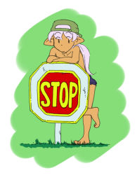 Rule 34 | 1girl, bad id, bad pixiv id, barefoot, caracol, elf, english text, facing viewer, full body, green background, hat, long hair, original, outdoors, pink hair, pointy ears, ponytail, purple hair, road sign, sign, simple background, solo, standing, stop sign, topless, white background