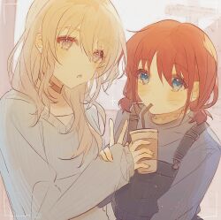 2girls :o black_choker black_overalls blue_sweater blush chinese_commentary choker commentary_request cup disposable_cup drinking_straw drinking_straw_in_mouth girls_band_cry grey_eyes grey_hair grey_sweater hand_up highres holding holding_cup iseri_nina kawaragi_momoka long_hair long_sleeves looking_at_viewer low_twintails multicolored_hair multiple_girls open_mouth overalls red_hair roots_(hair) short_hair short_twintails sidelocks sleeves_past_wrists sweater twintails v yu_(omayu)