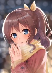 Rule 34 | 1girl, absurdres, bang dream!, blue eyes, blurry, blurry background, blush, bokeh, breath, brown hair, buttons, coat, commentary, curly hair, depth of field, hair ribbon, hands up, highres, kurisu-kun, long sleeves, looking at viewer, own hands together, parted lips, ponytail, red coat, ribbon, scarf, sidelocks, solo, upper body, winter, winter clothes, winter coat, yamabuki saya, yellow neckwear, yellow ribbon