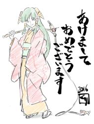 Rule 34 | 1girl, 2016, closed mouth, feena (grandia), full body, grandia, grandia i, green eyes, green hair, hair ornament, hair tubes, happy new year, holding, holding weapon, holding whip, japanese clothes, kimono, kurita shin&#039;ichi, long hair, looking at viewer, new year, simple background, smile, solo, weapon, white background, wide sleeves