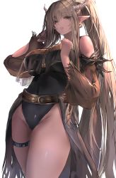 Rule 34 | 1girl, arknights, bare shoulders, black leotard, breasts, brown eyes, brown hair, commentary, commission, covered navel, cowboy shot, detached sleeves, english commentary, hand in own hair, hands up, highres, horns, large breasts, leotard, liaowen, long hair, long sleeves, looking at viewer, official alternate costume, parted lips, pointy ears, ponytail, shining (arknights), shining (silent night) (arknights), simple background, solo, thigh strap, thighs, white background