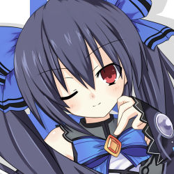 Rule 34 | 10s, 1girl, black hair, blush, bow, braid, face, female focus, kami jigen game neptune v, looking at viewer, meimu (infinity), neptune (series), noire (neptunia), one eye closed, red eyes, smile, solo, twin braids, twintails, wink