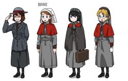 Rule 34 | 4girls, anyan (jooho), black footwear, black hair, blonde hair, blue eyes, briefcase, brown hair, cape, capelet, commentary request, comparison, full body, glasses, gloves, green eyes, hat, headwear request, highres, korean commentary, long skirt, long sleeves, multiple girls, original, pantyhose, salute, shoes, short hair, simple background, skirt, standing, uniform, watch, white background, white gloves, world war i, wristwatch