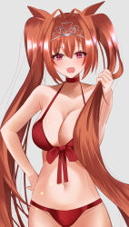 Rule 34 | 1girl, :d, absurdres, antenna hair, bare shoulders, bikini, blush, breasts, brown hair, choker, cleavage, collarbone, commentary request, daiwa scarlet (umamusume), fang, front-tie bikini top, front-tie top, grey background, hair between eyes, hand on own hip, highres, horse girl, katagirinanoka, large breasts, long hair, looking at viewer, navel, open mouth, purple eyes, red bikini, red choker, simple background, smile, solo, stomach, swimsuit, tiara, twintails, umamusume, very long hair