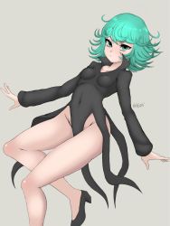 Rule 34 | 1girl, asdfcobi, black dress, black footwear, breasts, closed mouth, collarbone, covered navel, curly hair, dress, green eyes, green hair, grey background, high heels, highres, long sleeves, looking at viewer, matching hair/eyes, one-punch man, popped collar, short hair, side slit, simple background, small breasts, solo, tatsumaki