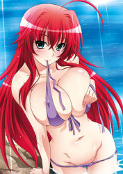 Rule 34 | 10s, 1girl, ahoge, areola slip, beach, bikini, bikini in mouth, blush, breasts, cleavage, clothes in mouth, covered erect nipples, green eyes, high school dxd, huge ahoge, huge breasts, izumi mahiru, long hair, looking at viewer, mouth hold, navel, ocean, red hair, rias gremory, solo, swimsuit