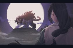 Rule 34 | 2boys, black hair, cloud, fengxi (the legend of luoxiaohei), from behind, furry, furry male, gihuta hiroshi, letterboxed, long hair, low-tied long hair, male focus, multiple boys, tail, luo xiaohei zhanji, wide shot, wuxian (the legend of luoxiaohei)