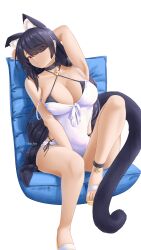 Rule 34 | 1girl, absurdres, animal ears, armpits, arms behind head, between legs, bikini, black hair, blue archive, braid, breasts, cat ears, cat girl, cat tail, chair, cleavage, hair over one eye, hand between legs, highres, hinata (blue archive), hinata (swimsuit) (blue archive), kemonomimi mode, large breasts, long hair, looking at viewer, one-piece swimsuit, red eyes, shoes, simple background, sitting, swimsuit, swimsuit cover-up, tail, takie arts, very long hair, white background
