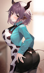 Rule 34 | 1girl, absurdres, animal ears, animal print, apron, aqua shirt, arknights, ass, ass cutout, black pantyhose, blush, breasts, brown eyes, butt crack, clothing cutout, collared shirt, cow ears, cow girl, cow horns, cow print, cow tail, from behind, hand on own hip, highres, horns, large breasts, leaning forward, long sleeves, looking at viewer, looking back, miniskirt, mizu (lzzrwi603), pantyhose, print apron, purple hair, shirt, side slit, sideroca (arknights), skirt, solo, tail, tail through clothes, v-shaped eyebrows