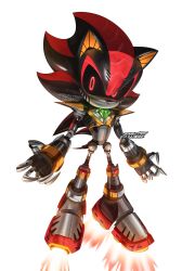 Rule 34 | 1boy, claws, commentary, highres, looking at viewer, mechanization, red eyes, red footwear, robot, shadow the hedgehog, snartles, solo, sonic (series), white background