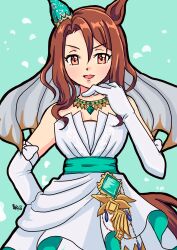 Rule 34 | 1girl, absurdres, animal ears, artist name, bare shoulders, brown eyes, brown hair, commentary request, dress, ear covers, elbow gloves, gloves, green background, hair between eyes, highres, horse ears, horse girl, horse tail, king halo (evergreen identity) (umamusume), king halo (umamusume), looking at viewer, noma katsuragi, official alternate costume, official alternate hairstyle, single ear cover, smile, solo, strapless, strapless dress, tail, umamusume, white gloves