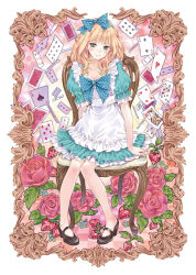 Rule 34 | 1girl, absurdres, alice (alice in wonderland), alice in wonderland, apron, blonde hair, bow, breasts, card, cleavage, floating card, floating card, flower, food, fruit, hair bow, high heels, highres, kishida mel, mary janes, medium breasts, playing card, polka dot, purple card, red rose, rose, shoes, smile, solo, strawberry