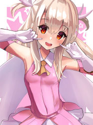 Rule 34 | 1girl, ascot, bare shoulders, blush, breasts, cape, dress, elbow gloves, fate/kaleid liner prisma illya, fate (series), feather hair ornament, feathers, gloves, hair between eyes, hair ornament, highres, illyasviel von einzbern, layered gloves, long hair, looking at viewer, open mouth, pan korokorosuke, pink dress, pink gloves, prisma illya, red eyes, sidelocks, skirt, small breasts, smile, solo, two side up, white cape, white gloves, white hair, white skirt