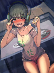 Rule 34 | 1girl, :d, absurdres, adjusting eyewear, alcohol, at2., bare arms, bare legs, bare shoulders, beer can, bespectacled, blurry, blush, bra, breasts, can, chopsticks, clothes writing, collarbone, depth of field, drink can, drunk, eyebrows, food, from above, glasses, green-framed eyewear, green eyes, green hair, headphones, highres, holding, holding can, indoors, kyomachi seika, looking at viewer, matching hair/eyes, medium breasts, nose blush, off shoulder, open mouth, panties, pantyshot, plate, see-through, semi-rimless eyewear, short hair, sitting, smile, solo, table, tank top, teeth, tongue, underwear, voiceroid, wooden floor