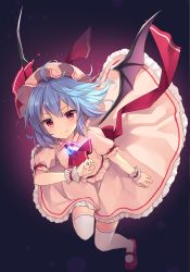 Rule 34 | 1girl, absurdres, blue hair, chest jewel, dress, headgear, highres, red eyes, remilia scarlet, ruhika, smile, solo, thighhighs, touhou, wings