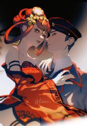 Rule 34 | 1boy, 1girl, absurdres, arm on another&#039;s shoulder, bare shoulders, buzz cut, chinese clothes, dress, earrings, fingernails, hair ornament, hair rings, hat, high collar, highres, jewelry, kexiu, lips, looking at viewer, military hat, nuwa (megami tensei), red dress, red lips, red nails, shin megami tensei, shin megami tensei v, short hair, slit pupils, tiara, twitter username, very short hair, yakumo shohei, yellow eyes