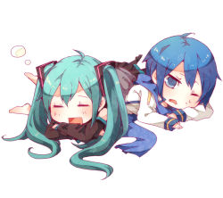 Rule 34 | 1boy, 1girl, ahoge, aqua hair, blue eyes, blue hair, chibi, closed eyes, girl on top, hatsune miku, kaito (vocaloid), lying, niwako, on stomach, open mouth, scarf, simple background, sleeping, twintails, vocaloid, white background, wince