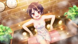 Rule 34 | 1girl, bandou mikuru, blonde hair, breasts, brick wall, brown hair, cleavage, collarbone, crossed legs, dot nose, dutch angle, film grain, from above, game cg, gauge, indoors, izumi tsubasu, lens flare, medium breasts, multicolored hair, naked towel, non-web source, official art, on bench, open mouth, pink towel, plant, print towel, re:stage!, reclining, red eyes, sauna, short hair, sitting, smile, solo, sparkle, star (symbol), star print, steam, streaked hair, sweat, towel, two-tone hair, very sweaty, white towel, wooden bench