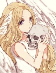 Rule 34 | 1girl, blonde hair, breasts, closed mouth, commentary request, dress, expressionless, feathered wings, holding, holding skull, long hair, looking at viewer, mistress of shelter, purple eyes, ragnarok online, skull, sleeveless, sleeveless dress, small breasts, solo, tokio (okt0w0), upper body, white dress, white wings, wings