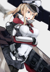 Rule 34 | 1girl, black gloves, black pantyhose, blonde hair, blue eyes, blush, breasts, capelet, cross, crossed arms, gloves, graf zeppelin (kancolle), hair between eyes, hat, highres, impossible clothes, jacket, kantai collection, large breasts, long hair, machinery, military, military uniform, miniskirt, necktie, ninoude (ninoude44), open mouth, pantyhose, peaked cap, revision, rigging, sidelocks, skirt, solo, tsurime, twintails, uniform
