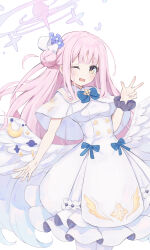 Rule 34 | 1girl, blue archive, blush, breasts, capelet, commentary, cowboy shot, dress, feathered wings, flower, hair bun, hair flower, hair ornament, halo, hand up, highres, long hair, looking at viewer, low wings, mika (blue archive), one eye closed, open mouth, pink hair, pink halo, sateto (user knrf2332), scrunchie, sidelocks, simple background, single hair bun, single side bun, small breasts, smile, solo, v, white background, white capelet, white dress, white wings, wings, wrist scrunchie, yellow eyes