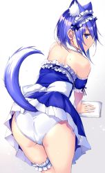 Rule 34 | 1girl, absurdres, all fours, animal ears, ass, back, bare shoulders, blue dress, blue eyes, blue hair, closed mouth, detached sleeves, dress, earrings, frilled dress, frills, highres, jewelry, kurebayashi noe, bridal garter, looking at viewer, looking back, maid, maid headdress, mole, original, panties, profile, short hair, short sleeves, sidelocks, simple background, slit pupils, solo, strapless, strapless dress, tail, thighs, underwear, white background, white panties, wolf ears, wolf tail