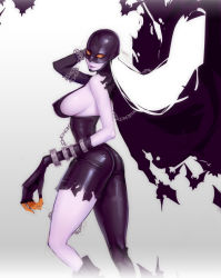 Rule 34 | 1girl, ass, bodysuit, bracelet, breasts, claws, closed mouth, colored skin, commentary, contrapposto, covered erect nipples, covered eyes, digimon, digimon (creature), english commentary, from side, gloves, grey background, highres, jewelry, ladydevimon, large breasts, lipstick, long arms, looking at viewer, looking to the side, makeup, mask, materclaws, orange eyes, purple gloves, purple lips, purple skin, sideboob, smile, solo, standing, veil