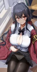 Rule 34 | 1girl, :q, absurdres, ahoge, armband, azur lane, black bow, black bowtie, black hair, black pantyhose, black skirt, blush, bow, bowtie, bra, bra peek, breasts, button gap, classroom, cleavage, clothes lift, collared shirt, cowboy shot, dress shirt, from above, glasses, hair ribbon, highres, huge ahoge, indoors, jacket, large breasts, lifted by self, long hair, long sleeves, off shoulder, official alternate costume, open clothes, open jacket, outstretched arm, panties, panties under pantyhose, pantyhose, plain 64, pleated skirt, red eyes, red jacket, red ribbon, ribbon, school uniform, selfie, shirt, shirt tucked in, sidelocks, skirt, skirt lift, solo, taihou (azur lane), taihou (sweet time after school) (azur lane), thighs, tongue, tongue out, underwear, white bra, white panties, white shirt, yellow armband