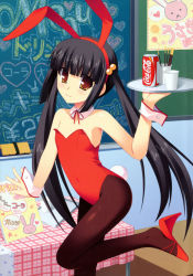 Rule 34 | 1girl, animal ears, black hair, brown eyes, can, chalkboard, coca-cola, drink can, fake animal ears, female focus, flat chest, food, gaou (babel), hair bobbles, hair ornament, highres, indoors, leotard, long hair, original, pantyhose, playboy bunny, pocky, product placement, rabbit ears, rabbit tail, shoe dangle, soda can, solo, tail, tray, twintails