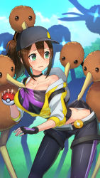 Rule 34 | 10s, 1girl, absurdres, baseball cap, blush, breasts, butt crack, clothes pull, creatures (company), doduo, female protagonist (pokemon go), fingerless gloves, game freak, gen 1 pokemon, gloves, green eyes, hat, highres, holding, holding poke ball, long hair, nintendo, panties, pants, pants pull, pantyshot, poke ball, pokemon, pokemon (creature), pokemon go, ponytail, shouhei, sweat, tears, too many, underwear, you gonna get raped