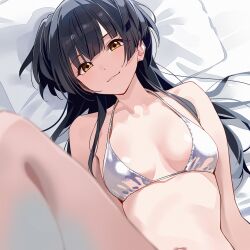 Rule 34 | 1girl, bikini, black hair, blurry, breasts, closed mouth, commentary, depth of field, halterneck, highres, idolmaster, idolmaster shiny colors, kinjin, long hair, looking at viewer, lying, mayuzumi fuyuko, medium breasts, navel, on bed, solo, stomach, swimsuit, two side up, upper body, white bikini, yellow eyes