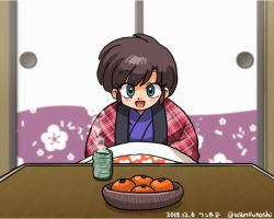 Rule 34 | food, fruit, happy, japanese clothes, kotatsu, kuonji ukyou, mandarin orange, open mouth, ranma 1/2, table, wanta (futoshi), winter clothes