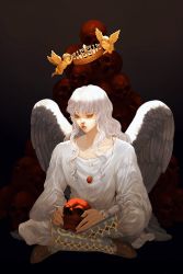 Rule 34 | 1boy, absurdres, angel, angel wings, behelit, berserk, blue eyes, boots, caramiabbb, collarbone, commentary, commentary request, crossed legs, crown, feathered wings, griffith (berserk), highres, holding, holding crown, holding skull, jewelry, long hair, male focus, necklace, pile of skulls, shirt, sitting, skull, white hair, white shirt, wings