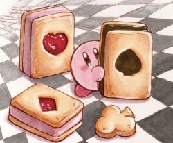 Rule 34 | :o, blue eyes, checkered floor, colored skin, commentary, cookie, food, holding, holding food, ice cream, ice cream sandwich, kirby, kirby (series), looking at viewer, miclot, nintendo, no humans, open mouth, oversized object, pink skin, red footwear, shoes, solo, symbol-only commentary