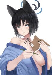 Rule 34 | 1girl, absurdres, animal ears, black eyes, black hair, blue archive, blush, book, breasts, bright pupils, cat ears, commentary, halo, haori, highres, holding, holding book, holding brush, japanese clothes, kikyou (blue archive), large breasts, looking at viewer, neck ribbon, ribbon, simple background, single bare shoulder, solo, suang, upper body, white background, white pupils