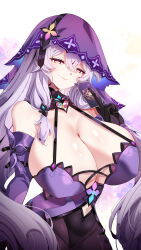 Rule 34 | 1girl, absurdres, bare shoulders, black gloves, black swan (honkai: star rail), breasts, card, cleavage, closed mouth, clothing cutout, covered erect nipples, cowboy shot, dress, elbow gloves, gloves, highres, honkai: star rail, honkai (series), huge breasts, long hair, looking at viewer, navel cutout, pantyhose, purple dress, purple eyes, purple hair, rayno, sleeveless, sleeveless dress, smile, solo, veil, very long hair, white background, yellow eyes