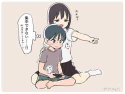 Rule 34 | 1boy, 1girl, age difference, black hair, brother and sister, brown background, brown shirt, brown skirt, commentary request, controller, game controller, ganaishoten, green shorts, holding, holding controller, holding game controller, original, shirt, short hair, shorts, siblings, simple background, sitting, skirt, t-shirt, thought bubble, translated, white shirt